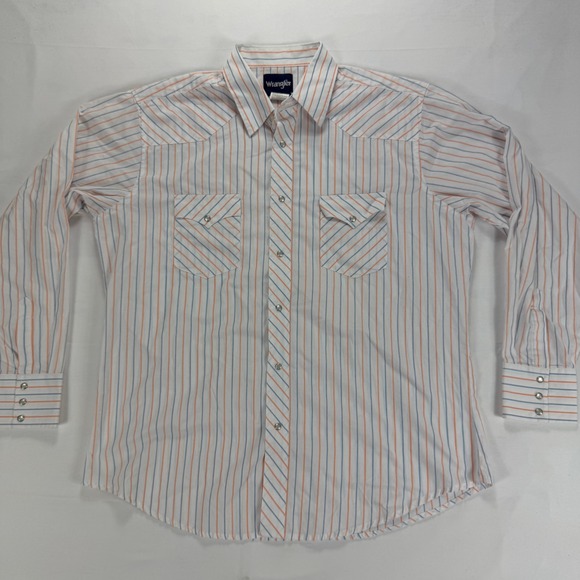 Wrangler Other - Wrangler Mens Western‎ Shirt XL Long Sleeve White Orange Blue Stripe Snap Button